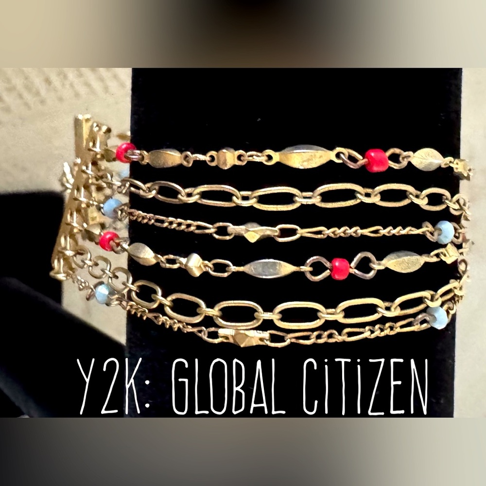 Multi strand gold link bracelet with red seed beads 
Y2K Global Citizen